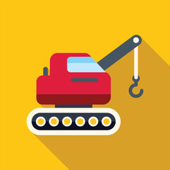 Minimalist vector illustration of a red crawler crane lifting with its hook, on yellow background with long shadow