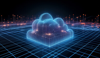 Cloud computing concept background. Digital data and network with glowing lines and sparks.