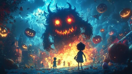 Halloween Monster Fire Night Scary Kids Pumpkin Illustration