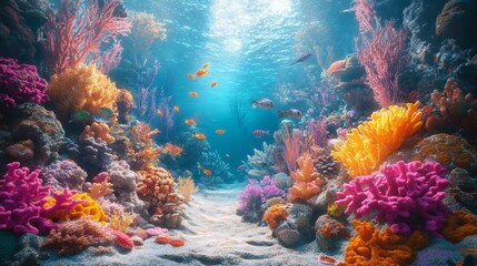 Naklejka premium Underwater Coral Reef With Colorful Fish and Sunlight