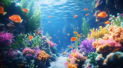 Naklejka premium Vibrant Underwater Coral Reef with Orange Fish