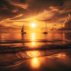 Golden Sunset over a Calm Ocean with Silhouetted Sailboats