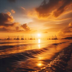 Golden Sunset over a Calm Ocean with Silhouetted Sailboats