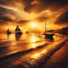 Golden Sunset over a Calm Ocean with Silhouetted Sailboats