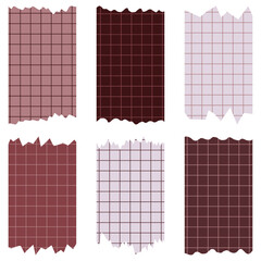 Set of paper sheets isolated on white. Pieces of decorative tape for scrapbooks. Washi tapes collection in vector. Ripped paper. Torn pieces of paper from a notebook in a cell. Colorful ribbons
