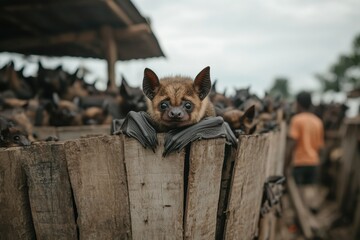 A cute bat peeks over the edge of a wooden barrel with curious eyes, located within a bustling bat habitat, creating a playful and endearing scene.