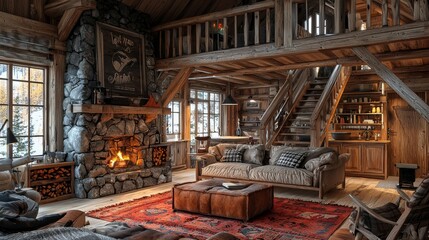 Cozy Cabin Living Room with Fireplace  Rustic Interior Design  Wooden Beams  Stone Wall  Winter View