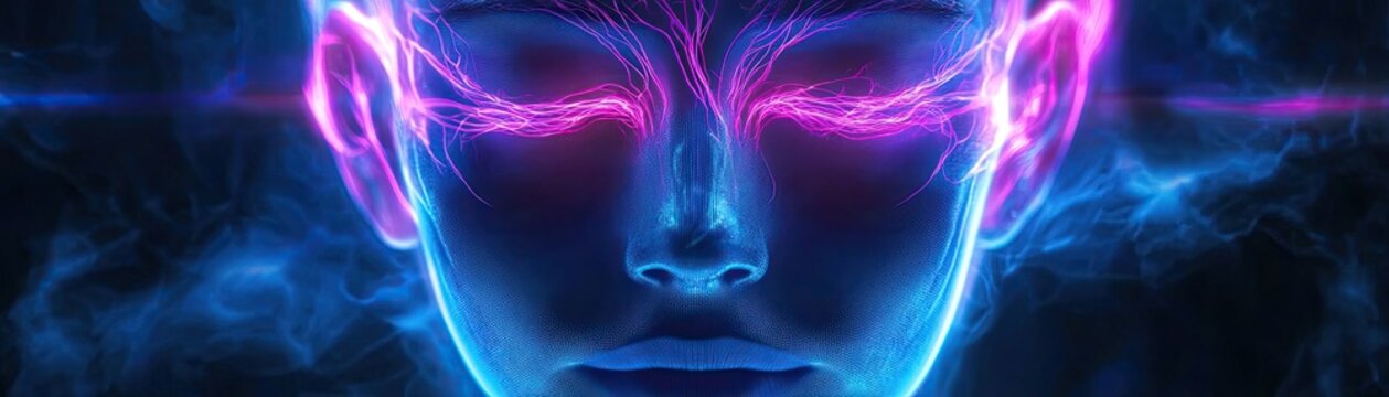 A surreal portrait showcasing vibrant neon colors and ethereal energy emanating from a human face, symbolizing creativity and dreams.