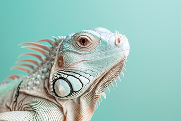 Fototapeta premium close up profile portrait of iguana lizard on light blue background