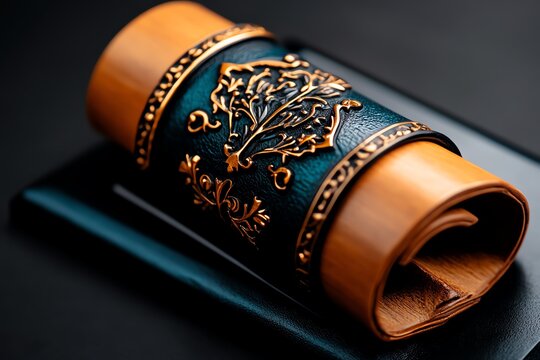 Heraldic scroll, ancient script, family motto unrolls beneath the shield with a message of honor