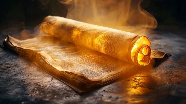 Discovering an ancient glowing scroll illuminated by natural light indoors at dusk