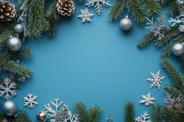 Silver Christmas Ornaments and Pine Branches on a Blue Background