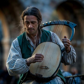 Cinematic Medium Shot of a Street Musician Playing a Traditional Instrument