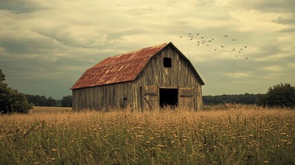 Weathered Barn Nestled in Autumnal Countryside Landscape