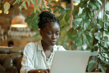 Young black woman working on laptop in cafe