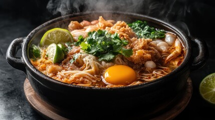 Steaming Spicy Asian Noodle Soup in Bowl with Fresh Ingredients