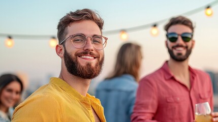 Group of millennials networking at a rooftop party, discussing new investment opportunities, assets, urban lifestyle.