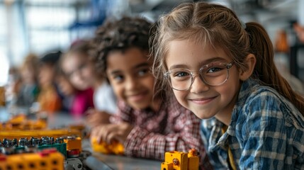 Happy Girl in Glasses Playing with Toys with Friends