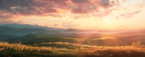 Sunset casting warm light on rolling hills, 4K hyperrealistic photo,