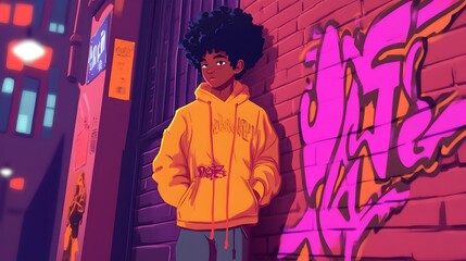Fototapeta premium Hooded Youth Standing in Neon-Lit Urban Alleyway with Graffiti-Covered Walls