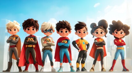 Superhero children team with unique powers posing heroically in a cityscape, cartoon style, energetic and inspiring