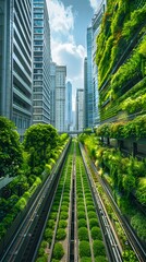 Futuristic Cityscape with Integrated Vertical Farms and Public Transport