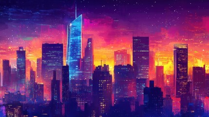 Fototapeta premium Futuristic Neon Lit Cityscape Skyline at Dramatic Sunset