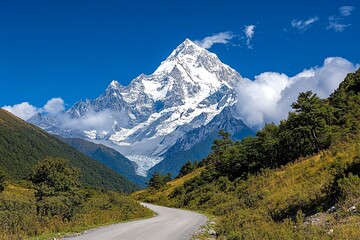 Naklejka premium Panoramic views, snow-capped peaks, clear sky stretch endlessly, offering breathtaking scenery of untouched nature