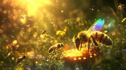 Fototapeta premium A majestic rainbow-colored bee leading its team in constructing a glowing hive in a sunlit meadow