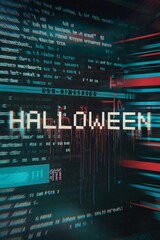 Fototapeta premium Digital Halloween-themed background with glitchy text and futuristic elements.