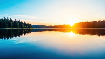 Fototapeta premium Sunrise reflected in a calm lake, symbolizing the beauty of new beginnings