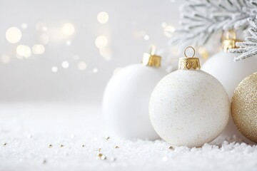 White and Gold Christmas Ornaments in the Snow