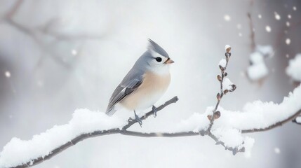 Obraz premium A Tufted Titmouse Perched on a Snowy Branch