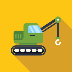 Minimalist vector illustration of a crawler crane lifting with its hook extended, depicted on a vibrant yellow background
