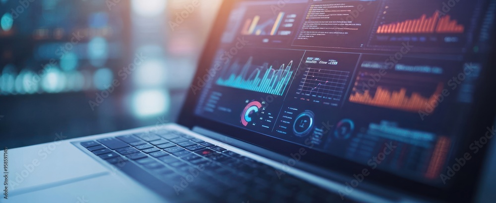 Wall mural laptop displaying financial data and charts