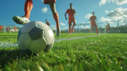 Obraz premium Soccer players and soccer balls playing on a football field