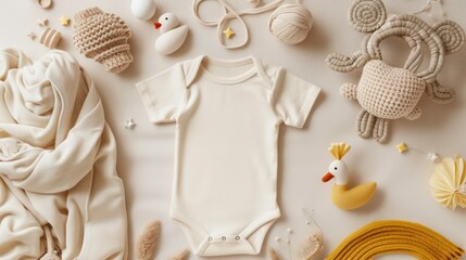 White baby bodysuit with various neutral colored baby accessories and toys on a textured white background.