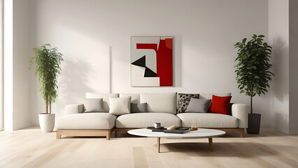 A modern living room features sleek lines, chic furnishings, minimal decor, and bright, elegant accents.