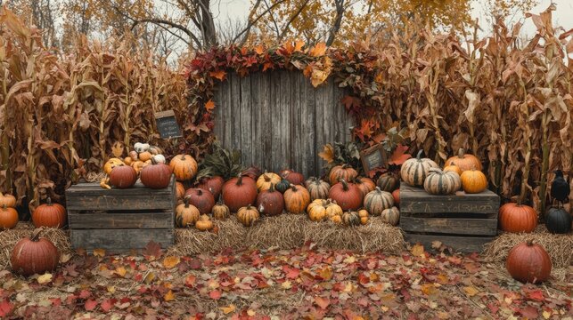 A charming autumn festival scene with a colorful array of pumpkins and gourds arranged on wooden crates and hay bales. The display is set against a backdrop of tall cornstalks and vibrant fall