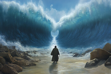 Moses stands before the parted Red Sea, revealing a miraculous path through the water.