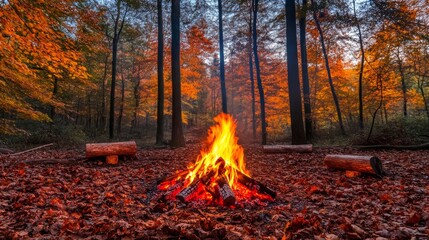 A cozy bonfire scene with a large, roaring fire set in a clearing surrounded by tall trees with colorful autumn leaves. The fire's warm light illuminates the surrounding area, casting flickering
