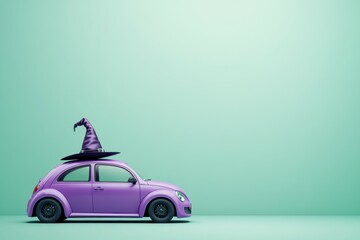 A playful purple car is enhanced by a whimsical witch hat on its roof, set against a soft green background that invites creativity and imagination