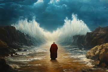 Fototapeta premium Moses stands before the parted Red Sea, revealing a miraculous path through the water.