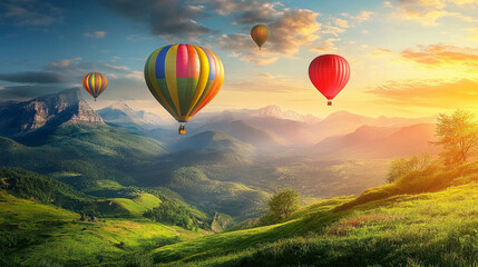 Fototapeta premium Illustration of colorful balloons with a beautiful mountain landscape in the background on a sunny beautiful day