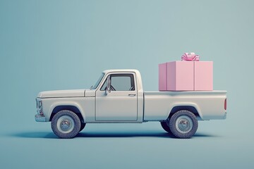 A sleek white pickup truck features a large pink gift box in the bed, set against a soft pastel grey backdrop, exuding a modern and minimalistic vibe
