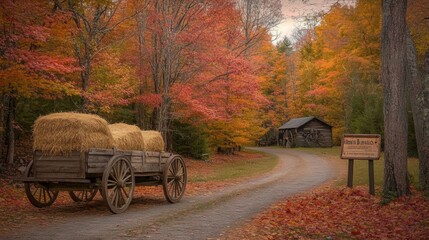 Obraz premium A picturesque hayride scene with a wooden wagon filled with hay bales, set against the backdrop of a vibrant autumn forest. The trees are ablaze with fall colors, their leaves ranging from deep red
