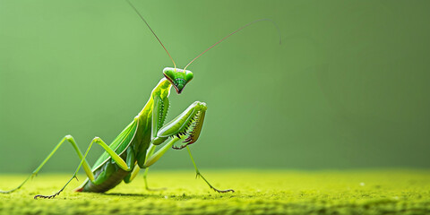  Praying Mantis Insect View Detailed Macro Zoom with Copy Space with green background 