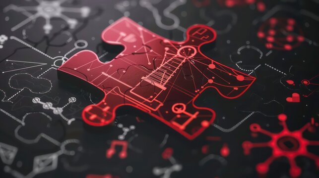A red puzzle piece with a circuit board pattern on it, against a black background with white and red circuit board patterns. - Powered by Adobe