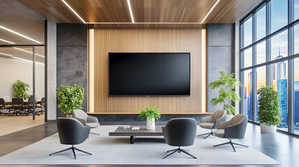 Modern minimalist office aesthetic large TV screen wall mounting technology innovation concept upscale corporate lobby design cool calm serene focus attention grabber statement piece center attraction