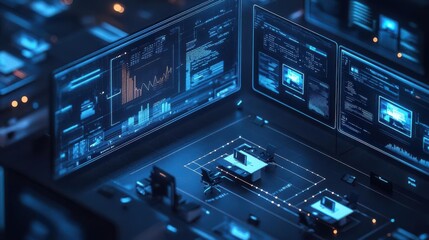 Obraz premium Futuristic digital interface with data visualization and charts on multiple screens in a dark room.